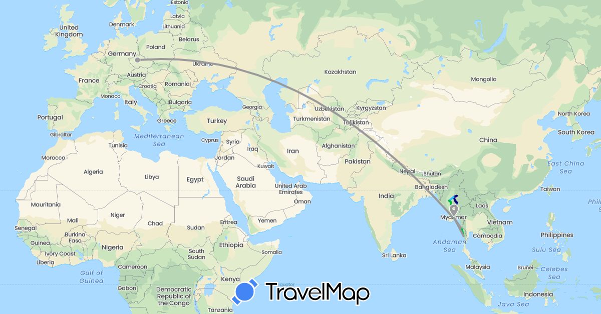 TravelMap itinerary: driving, bus, plane, cycling, train, boat in Czech Republic, Myanmar (Burma) (Asia, Europe)